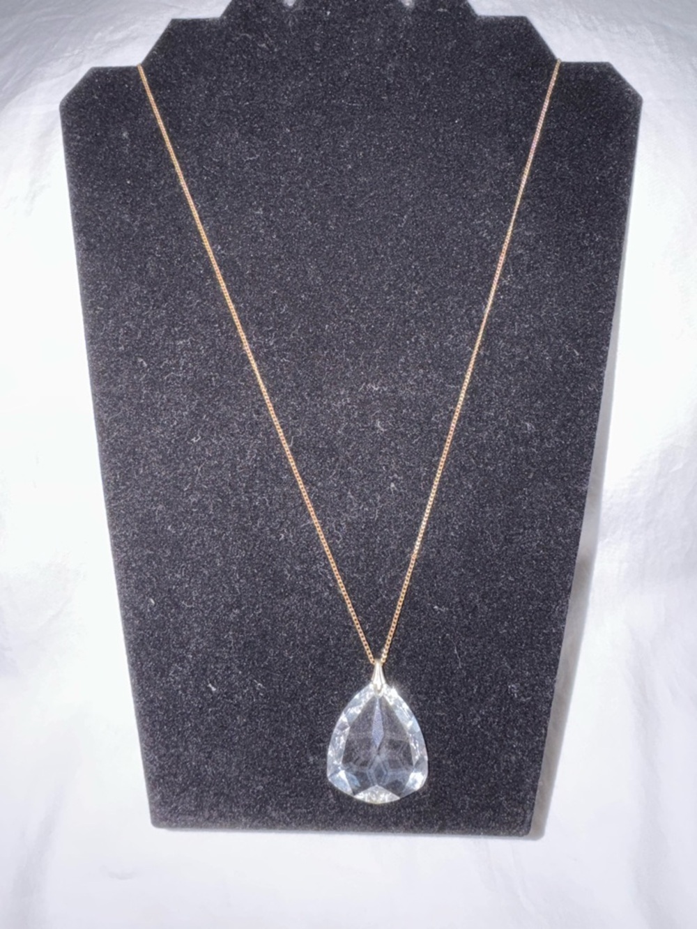 Vintage Large Faceted Teardrop Crystal Pendant Necklace - Gold Tone